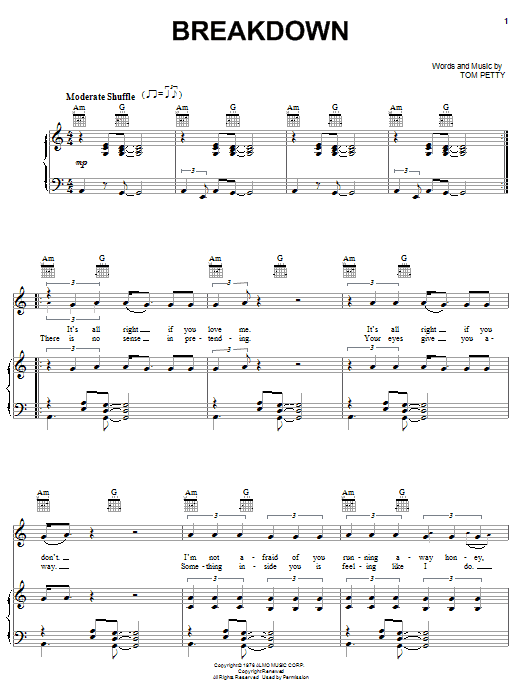 Preview Tom Petty And The Heartbreakers Breakdown Rock sheet music, notes and chords for Piano, Vocal & Guitar (Right-Hand Melody), SKU: 19893 sheet music, piano notes, chords, guitar tabs, score, transpose, transcribe, how to play, guide, download, learn, tutorial, progression, song, artist, awards, billboard, mtv, vh1, tour, single, album, release