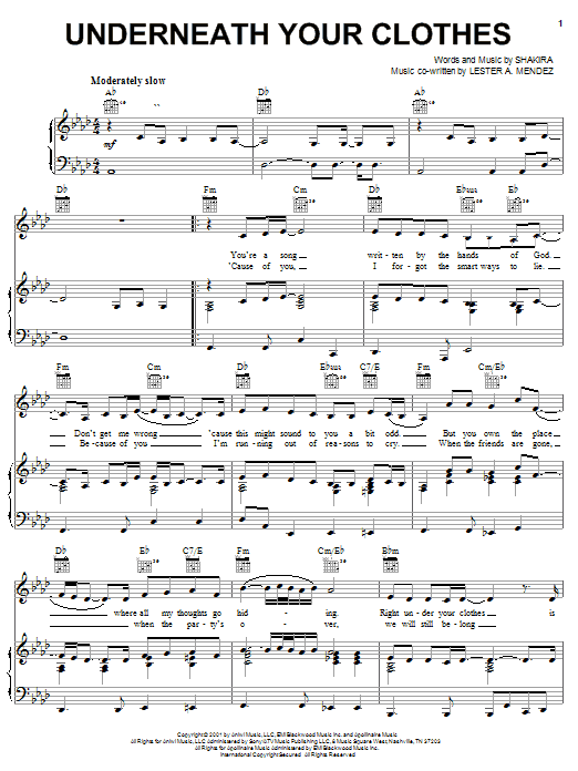 Preview Shakira Underneath Your Clothes Pop sheet music, notes and chords for Piano, Vocal & Guitar (Right-Hand Melody), SKU: 19910 sheet music, piano notes, chords, guitar tabs, score, transpose, transcribe, how to play, guide, download, learn, tutorial, progression, song, artist, awards, billboard, mtv, vh1, tour, single, album, release
