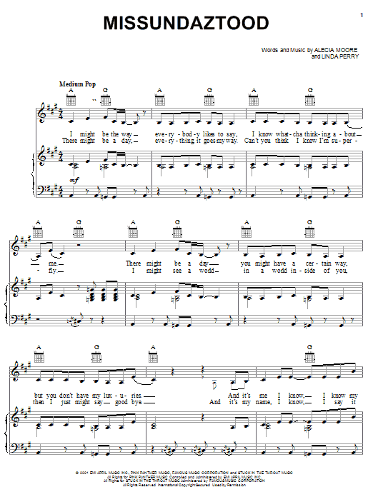 Preview Pink Missundaztood R & B sheet music, notes and chords for Piano, Vocal & Guitar (Right-Hand Melody), SKU: 19918 sheet music, piano notes, chords, guitar tabs, score, transpose, transcribe, how to play, guide, download, learn, tutorial, progression, song, artist, awards, billboard, mtv, vh1, tour, single, album, release