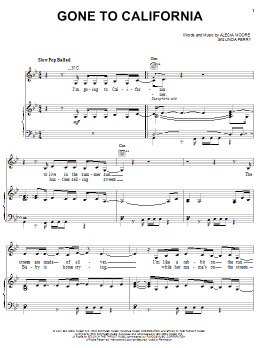 Preview Pink Gone To California R & B sheet music, notes and chords for Piano, Vocal & Guitar (Right-Hand Melody), SKU: 19919 sheet music, piano notes, chords, guitar tabs, score, transpose, transcribe, how to play, guide, download, learn, tutorial, progression, song, artist, awards, billboard, mtv, vh1, tour, single, album, release
