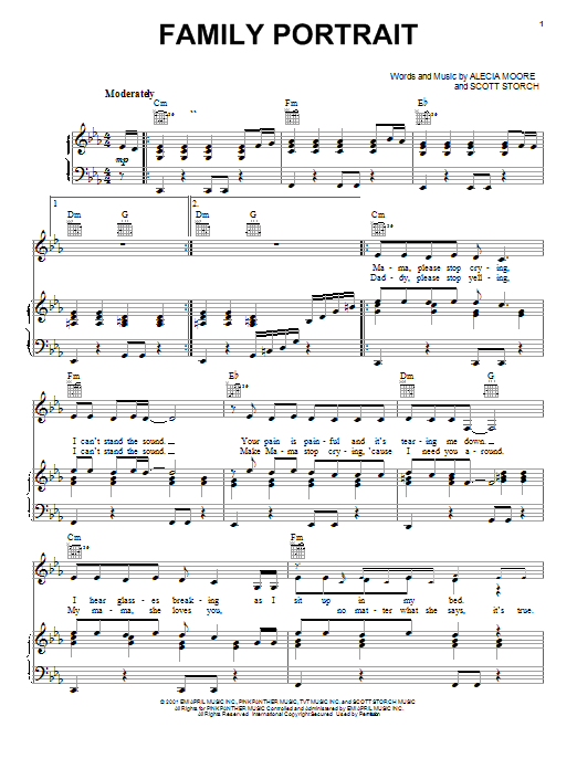 Preview Pink Family Portrait R & B sheet music, notes and chords for Piano, Vocal & Guitar (Right-Hand Melody), SKU: 19923 sheet music, piano notes, chords, guitar tabs, score, transpose, transcribe, how to play, guide, download, learn, tutorial, progression, song, artist, awards, billboard, mtv, vh1, tour, single, album, release
