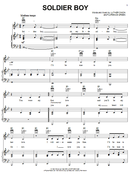 Preview The Shirelles Soldier Boy Pop sheet music, notes and chords for Piano, Vocal & Guitar (Right-Hand Melody), SKU: 19933 sheet music, piano notes, chords, guitar tabs, score, transpose, transcribe, how to play, guide, download, learn, tutorial, progression, song, artist, awards, billboard, mtv, vh1, tour, single, album, release