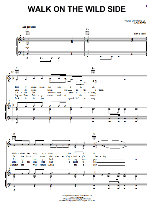 Preview Lou Reed Walk On The Wild Side Rock sheet music, notes and chords for Piano, Vocal & Guitar (Right-Hand Melody), SKU: 19942 sheet music, piano notes, chords, guitar tabs, score, transpose, transcribe, how to play, guide, download, learn, tutorial, progression, song, artist, awards, billboard, mtv, vh1, tour, single, album, release
