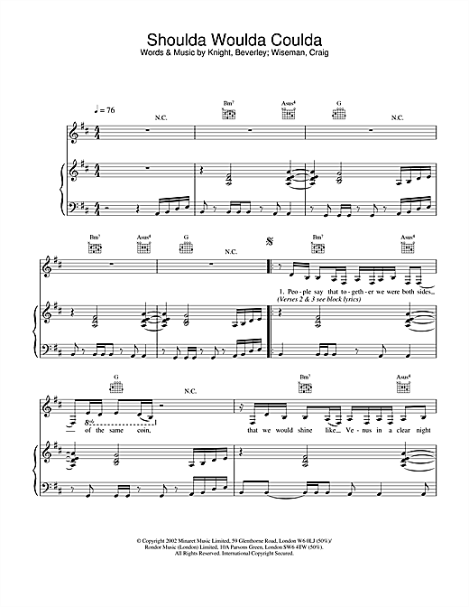 Preview Beverley Knight Shoulda Woulda Coulda R & B sheet music, notes and chords for Piano, Vocal & Guitar, SKU: 19944 sheet music, piano notes, chords, guitar tabs, score, transpose, transcribe, how to play, guide, download, learn, tutorial, progression, song, artist, awards, billboard, mtv, vh1, tour, single, album, release