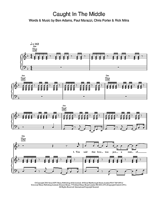 Preview A1 Caught In The Middle Pop sheet music, notes and chords for Piano, Vocal & Guitar, SKU: 19949 sheet music, piano notes, chords, guitar tabs, score, transpose, transcribe, how to play, guide, download, learn, tutorial, progression, song, artist, awards, billboard, mtv, vh1, tour, single, album, release