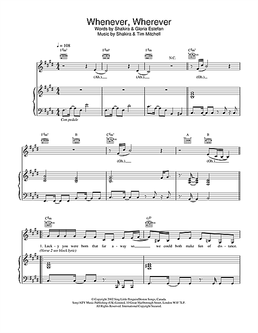 Preview Shakira Whenever, Wherever Pop sheet music, notes and chords for Piano, Vocal & Guitar, SKU: 19952 sheet music, piano notes, chords, guitar tabs, score, transpose, transcribe, how to play, guide, download, learn, tutorial, progression, song, artist, awards, billboard, mtv, vh1, tour, single, album, release