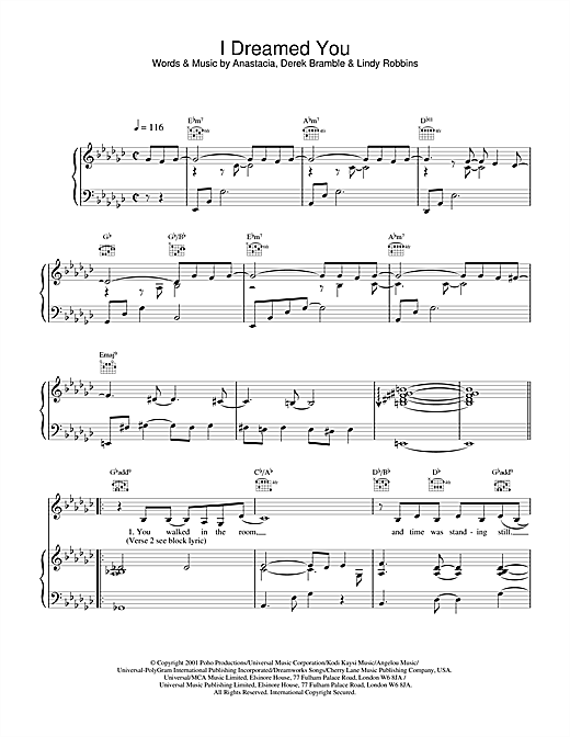 Preview Anastacia I Dreamed You R & B sheet music, notes and chords for Piano, Vocal & Guitar, SKU: 19960 sheet music, piano notes, chords, guitar tabs, score, transpose, transcribe, how to play, guide, download, learn, tutorial, progression, song, artist, awards, billboard, mtv, vh1, tour, single, album, release