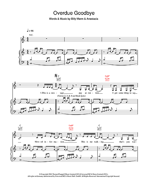 Preview Anastacia Overdue Goodbye R & B sheet music, notes and chords for Piano, Vocal & Guitar, SKU: 19963 sheet music, piano notes, chords, guitar tabs, score, transpose, transcribe, how to play, guide, download, learn, tutorial, progression, song, artist, awards, billboard, mtv, vh1, tour, single, album, release