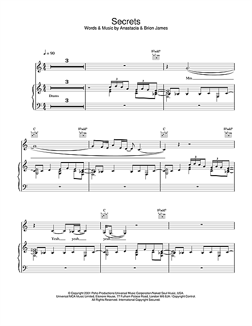 Preview Anastacia Secrets R & B sheet music, notes and chords for Piano, Vocal & Guitar, SKU: 19964 sheet music, piano notes, chords, guitar tabs, score, transpose, transcribe, how to play, guide, download, learn, tutorial, progression, song, artist, awards, billboard, mtv, vh1, tour, single, album, release
