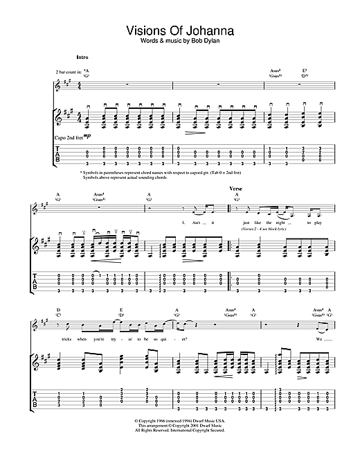 Preview Bob Dylan Visions Of Johanna Rock sheet music, notes and chords for Guitar Tab, SKU: 19970 sheet music, piano notes, chords, guitar tabs, score, transpose, transcribe, how to play, guide, download, learn, tutorial, progression, song, artist, awards, billboard, mtv, vh1, tour, single, album, release