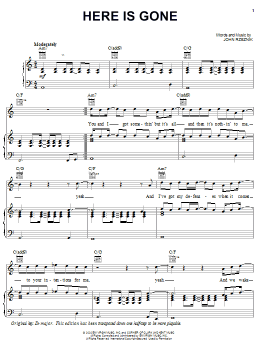 Preview Goo Goo Dolls Here Is Gone Pop sheet music, notes and chords for Piano, Vocal & Guitar (Right-Hand Melody), SKU: 19978 sheet music, piano notes, chords, guitar tabs, score, transpose, transcribe, how to play, guide, download, learn, tutorial, progression, song, artist, awards, billboard, mtv, vh1, tour, single, album, release
