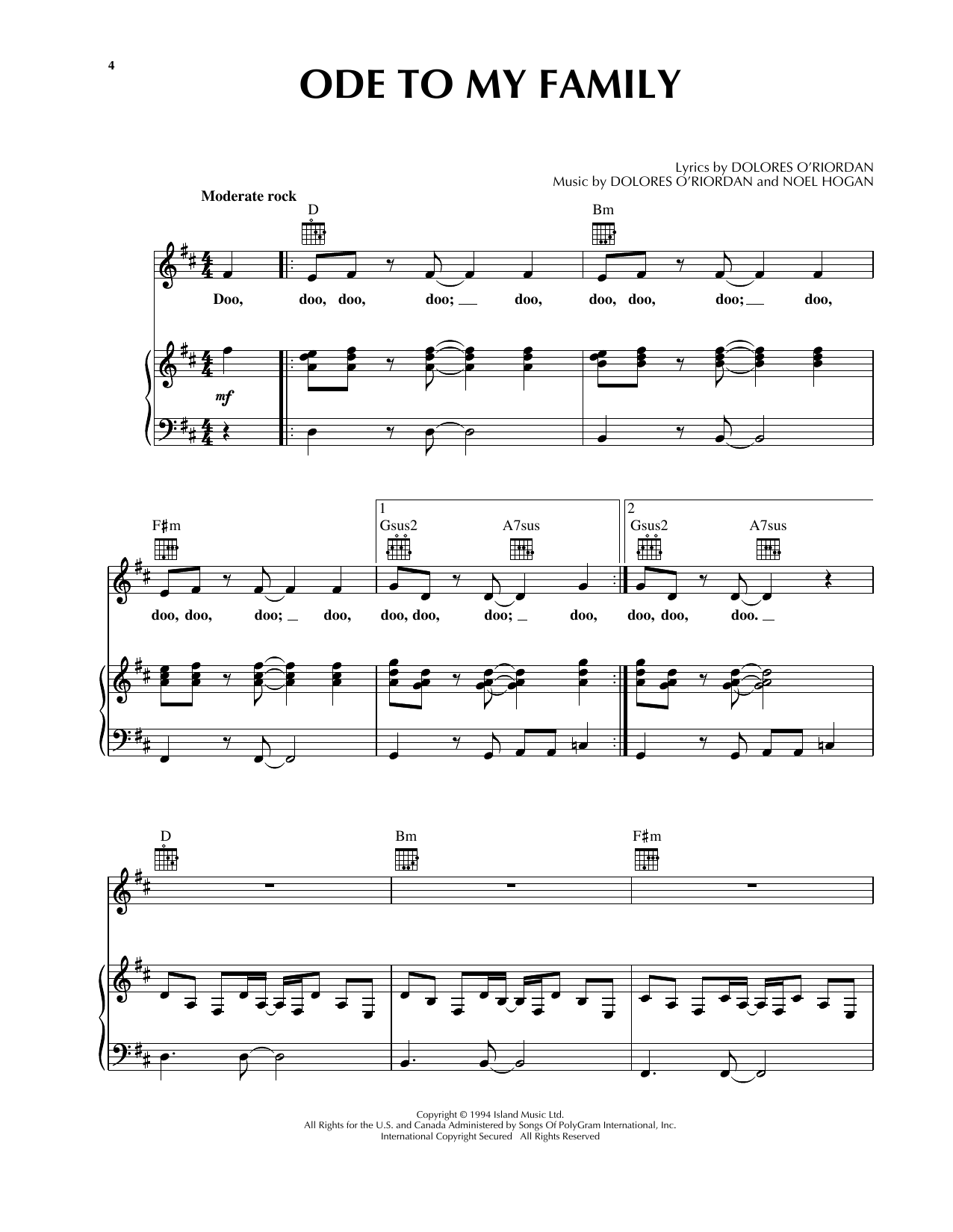 The Cranberries Ode To My Family Sheet Music Notes, Chords.