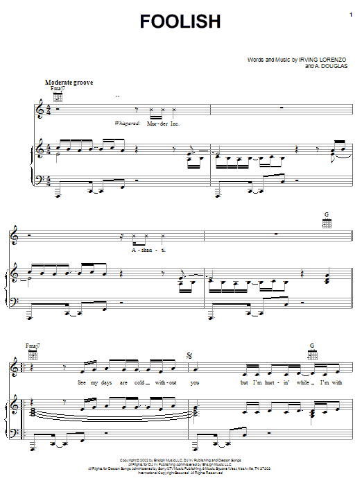 Preview Ashanti Foolish Pop sheet music, notes and chords for Piano, Vocal & Guitar (Right-Hand Melody), SKU: 19981 sheet music, piano notes, chords, guitar tabs, score, transpose, transcribe, how to play, guide, download, learn, tutorial, progression, song, artist, awards, billboard, mtv, vh1, tour, single, album, release