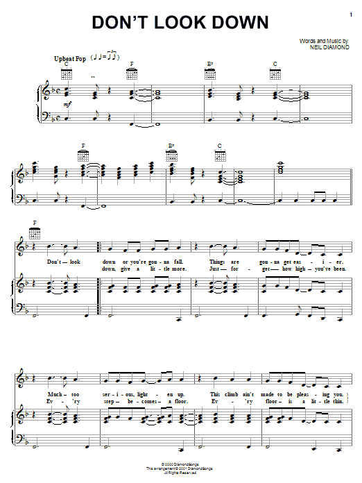 Preview Neil Diamond Don't Look Down Pop sheet music, notes and chords for Piano, Vocal & Guitar (Right-Hand Melody), SKU: 19989 sheet music, piano notes, chords, guitar tabs, score, transpose, transcribe, how to play, guide, download, learn, tutorial, progression, song, artist, awards, billboard, mtv, vh1, tour, single, album, release