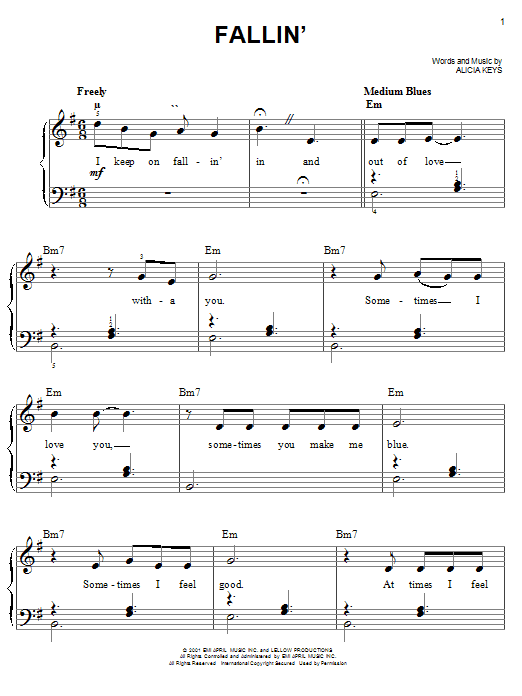Preview Alicia Keys Fallin' Pop sheet music, notes and chords for Easy Piano, SKU: 19999 sheet music, piano notes, chords, guitar tabs, score, transpose, transcribe, how to play, guide, download, learn, tutorial, progression, song, artist, awards, billboard, mtv, vh1, tour, single, album, release