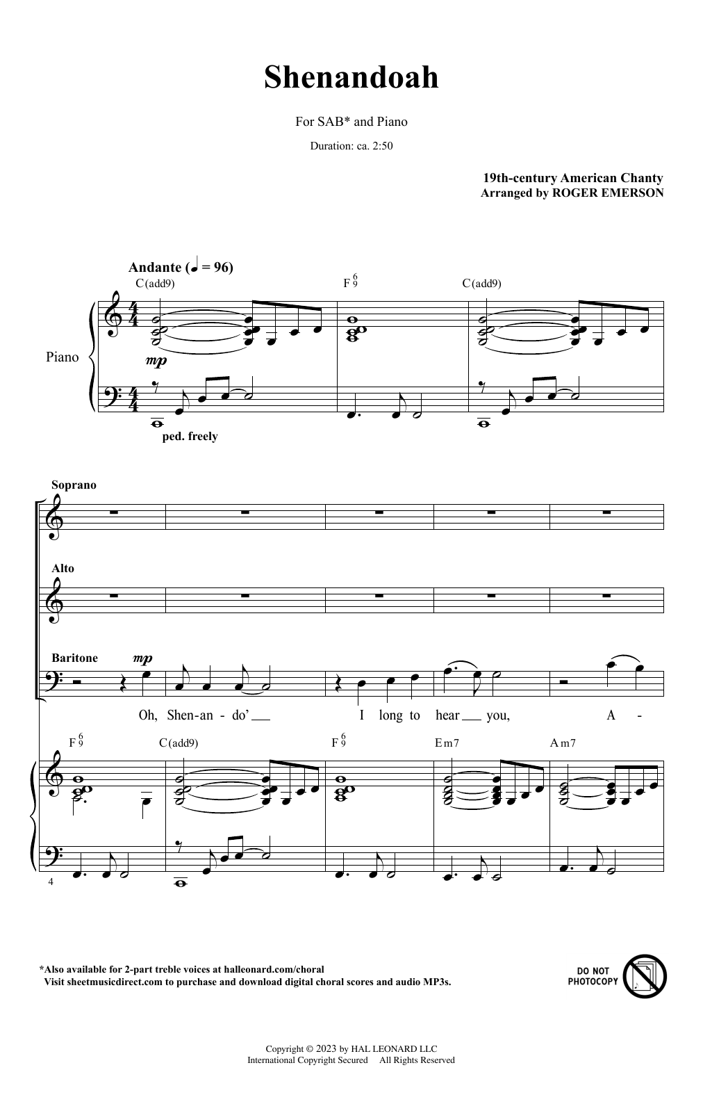 19th Century American Chanty Shenandoah (arr. Roger Emerson) Sheet Music Notes & Chords for SAB Choir - Download or Print PDF