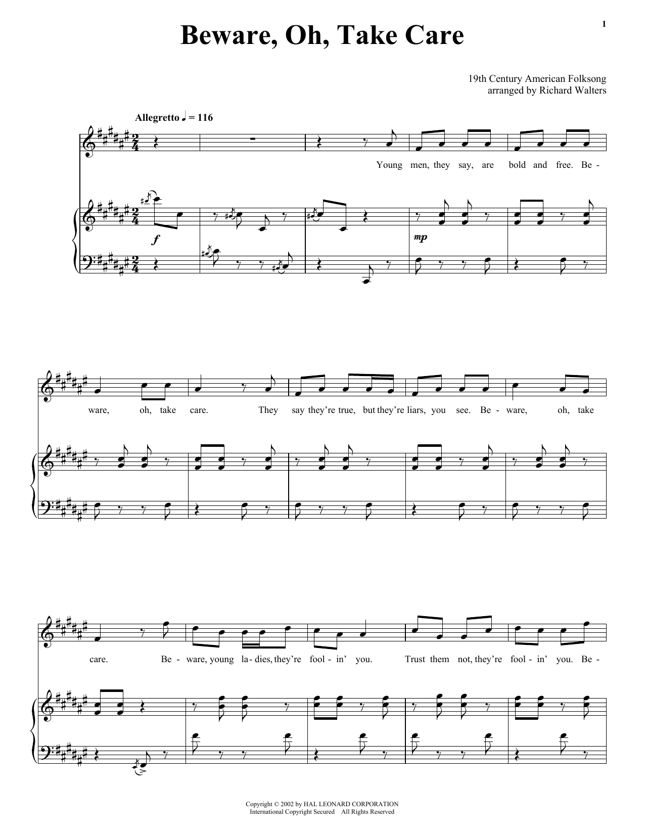 19th Century American Folksong Beware, Oh, Take Care Sheet Music Notes & Chords for Piano, Vocal & Guitar (Right-Hand Melody) - Download or Print PDF