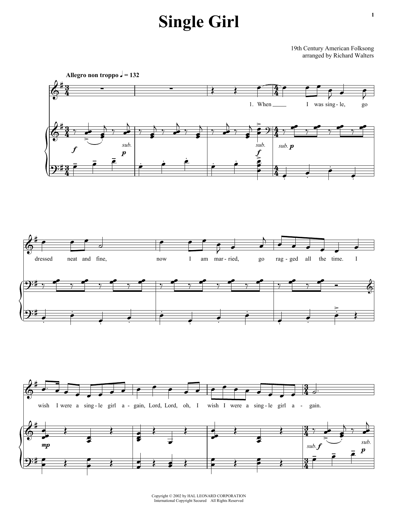 19th Century American Folksong Single Girl Sheet Music Notes & Chords for Piano, Vocal & Guitar (Right-Hand Melody) - Download or Print PDF