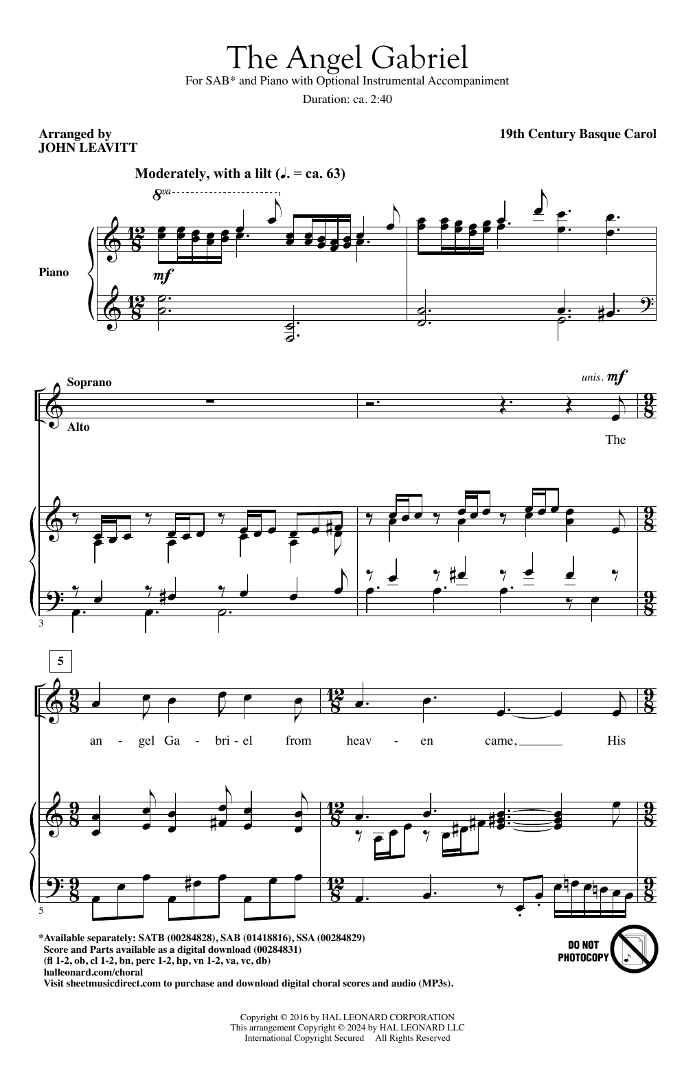 19th Century Basque Carol The Angel Gabriel (arr. John Leavitt) Sheet Music Notes & Chords for SAB Choir - Download or Print PDF