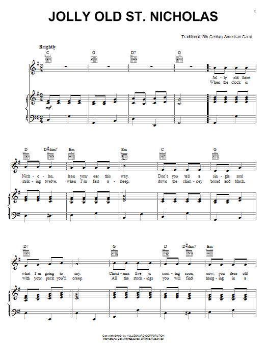 Preview 19th Century American Carol Jolly Old St. Nicholas Folk sheet music, notes and chords for Piano, SKU: 26020 Jolly Old St. Nicholas sheet music