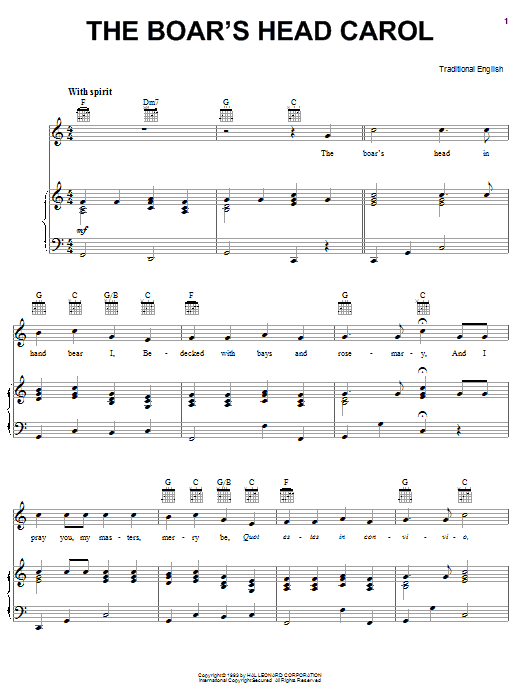 Preview 19th Century English Carol The Boar's Head Carol Christmas sheet music, notes and chords for Piano & Vocal, SKU: 112502 The Boar's Head Carol sheet music