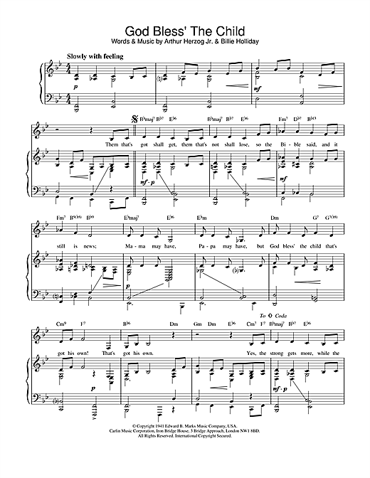 Preview Billie Holiday God Bless' The Child Jazz sheet music, notes and chords for Piano & Vocal, SKU: 20018 sheet music, piano notes, chords, guitar tabs, score, transpose, transcribe, how to play, guide, download, learn, tutorial, progression, song, artist, awards, billboard, mtv, vh1, tour, single, album, release