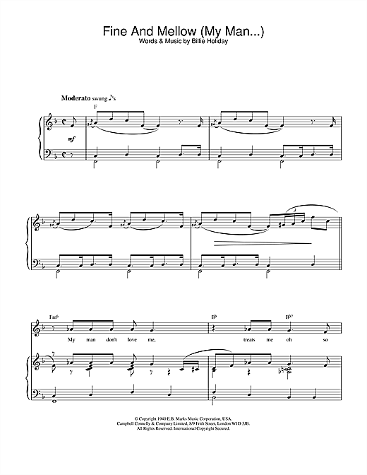 Preview Billie Holiday Fine And Mellow (My Man...) Jazz sheet music, notes and chords for Piano & Vocal, SKU: 20019 sheet music, piano notes, chords, guitar tabs, score, transpose, transcribe, how to play, guide, download, learn, tutorial, progression, song, artist, awards, billboard, mtv, vh1, tour, single, album, release