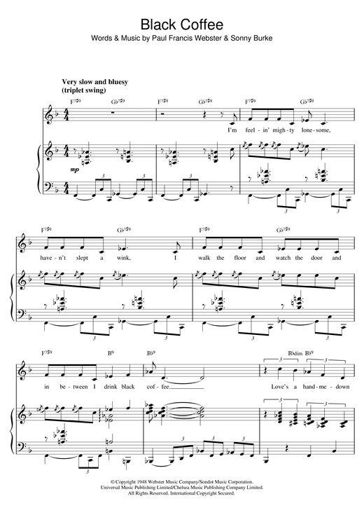 Preview Peggy Lee Black Coffee Jazz sheet music, notes and chords for Piano & Vocal, SKU: 20020 sheet music, piano notes, chords, guitar tabs, score, transpose, transcribe, how to play, guide, download, learn, tutorial, progression, song, artist, awards, billboard, mtv, vh1, tour, single, album, release