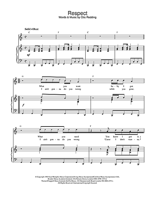 Preview Otis Redding Respect Soul sheet music, notes and chords for Piano & Vocal, SKU: 20022 sheet music, piano notes, chords, guitar tabs, score, transpose, transcribe, how to play, guide, download, learn, tutorial, progression, song, artist, awards, billboard, mtv, vh1, tour, single, album, release