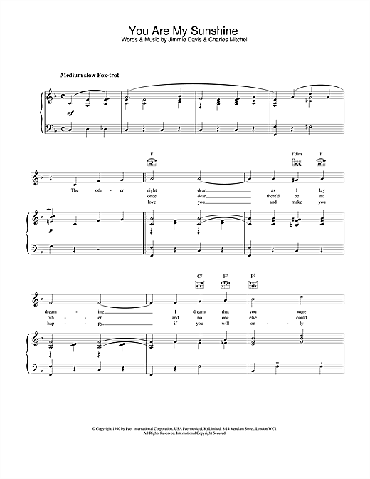 Preview Jimmie Davis You Are My Sunshine Classics sheet music, notes and chords for Piano, Vocal & Guitar (Right-Hand Melody), SKU: 20036 sheet music, piano notes, chords, guitar tabs, score, transpose, transcribe, how to play, guide, download, learn, tutorial, progression, song, artist, awards, billboard, mtv, vh1, tour, single, album, release