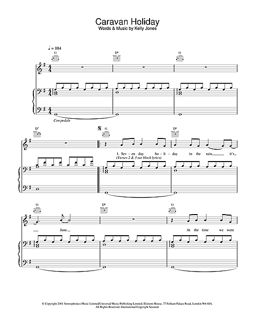 Preview Stereophonics Caravan Holiday Rock sheet music, notes and chords for Piano, Vocal & Guitar, SKU: 20037 sheet music, piano notes, chords, guitar tabs, score, transpose, transcribe, how to play, guide, download, learn, tutorial, progression, song, artist, awards, billboard, mtv, vh1, tour, single, album, release