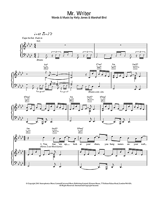 Preview Stereophonics Mr. Writer Rock sheet music, notes and chords for Piano, Vocal & Guitar, SKU: 20040 sheet music, piano notes, chords, guitar tabs, score, transpose, transcribe, how to play, guide, download, learn, tutorial, progression, song, artist, awards, billboard, mtv, vh1, tour, single, album, release