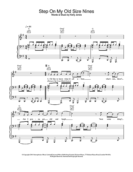 Preview Stereophonics Step On My Old Size Nines Pop sheet music, notes and chords for Piano, Vocal & Guitar, SKU: 20043 sheet music, piano notes, chords, guitar tabs, score, transpose, transcribe, how to play, guide, download, learn, tutorial, progression, song, artist, awards, billboard, mtv, vh1, tour, single, album, release