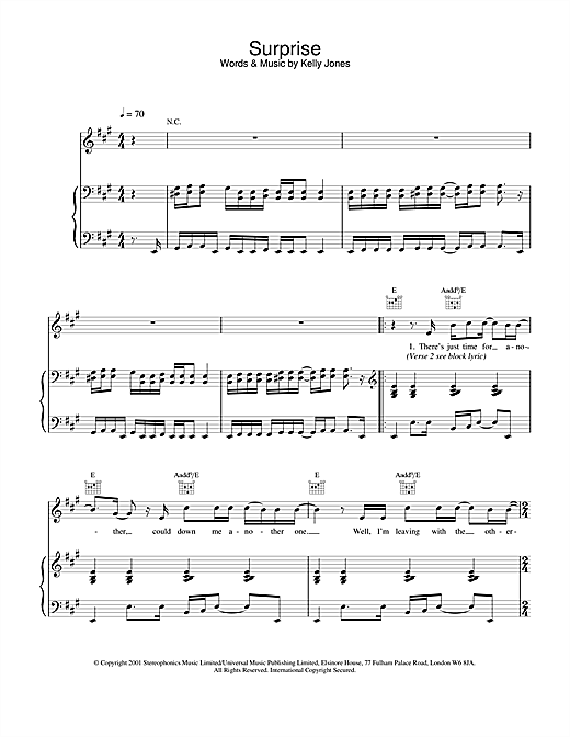 Preview Stereophonics Surprise Rock sheet music, notes and chords for Piano, Vocal & Guitar, SKU: 20044 sheet music, piano notes, chords, guitar tabs, score, transpose, transcribe, how to play, guide, download, learn, tutorial, progression, song, artist, awards, billboard, mtv, vh1, tour, single, album, release