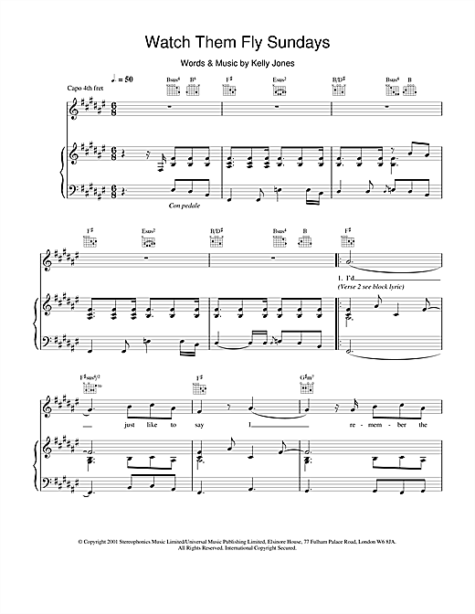 Preview Stereophonics Watch Them Fly Sundays Rock sheet music, notes and chords for Piano, Vocal & Guitar, SKU: 20046 sheet music, piano notes, chords, guitar tabs, score, transpose, transcribe, how to play, guide, download, learn, tutorial, progression, song, artist, awards, billboard, mtv, vh1, tour, single, album, release