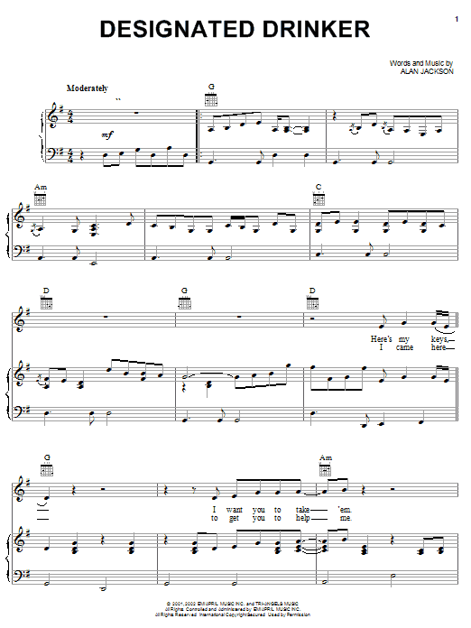 Preview Alan Jackson Designated Drinker Pop sheet music, notes and chords for Piano, Vocal & Guitar (Right-Hand Melody), SKU: 20067 sheet music, piano notes, chords, guitar tabs, score, transpose, transcribe, how to play, guide, download, learn, tutorial, progression, song, artist, awards, billboard, mtv, vh1, tour, single, album, release