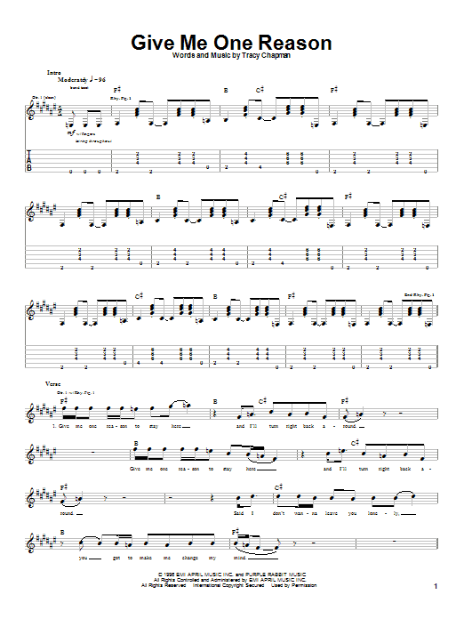 Learn Tracy Chapman Give Me One Reason sheet music notes, chords. 