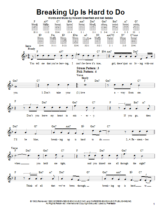 Preview Neil Sedaka Breaking Up Is Hard To Do Rock sheet music, notes and chords for Easy Guitar, SKU: 20953 sheet music, piano notes, chords, guitar tabs, score, transpose, transcribe, how to play, guide, download, learn, tutorial, progression, song, artist, awards, billboard, mtv, vh1, tour, single, album, release