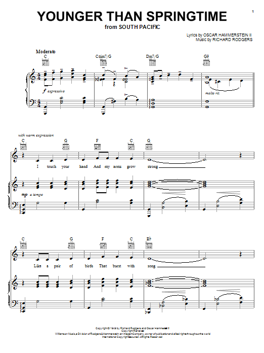 Preview Rodgers & Hammerstein Younger Than Springtime Folk sheet music, notes and chords for Piano, Vocal & Guitar (Right-Hand Melody), SKU: 21344 sheet music, piano notes, chords, guitar tabs, score, transpose, transcribe, how to play, guide, download, learn, tutorial, progression, song, artist, awards, billboard, mtv, vh1, tour, single, album, release