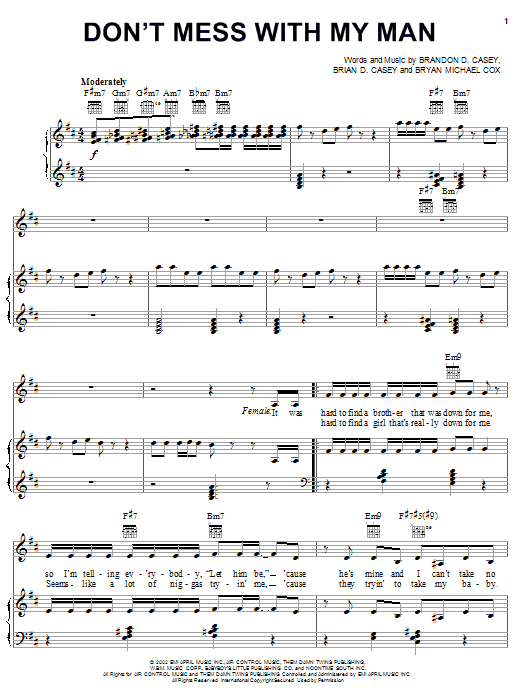 Preview Nivea Don't Mess With My Man (feat. Brian & Brandon Casey) Pop sheet music, notes and chords for Piano, Vocal & Guitar (Right-Hand Melody), SKU: 21458 sheet music, piano notes, chords, guitar tabs, score, transpose, transcribe, how to play, guide, download, learn, tutorial, progression, song, artist, awards, billboard, mtv, vh1, tour, single, album, release