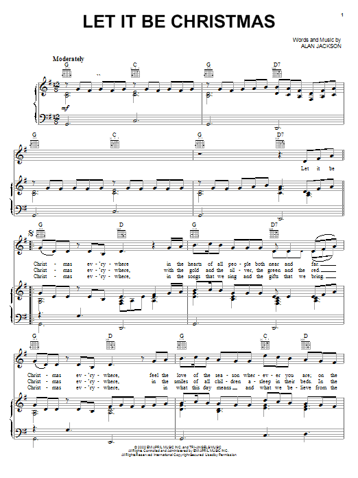 Preview Alan Jackson Let It Be Christmas Pop sheet music, notes and chords for Piano, Vocal & Guitar (Right-Hand Melody), SKU: 21460 sheet music, piano notes, chords, guitar tabs, score, transpose, transcribe, how to play, guide, download, learn, tutorial, progression, song, artist, awards, billboard, mtv, vh1, tour, single, album, release
