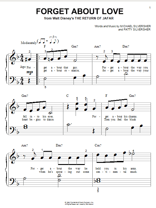 Preview Michael Silversher Forget About Love (from Disney's The Return of Jafar) Film and TV sheet music, notes and chords for Piano (Big Notes), SKU: 21469 sheet music, piano notes, chords, guitar tabs, score, transpose, transcribe, how to play, guide, download, learn, tutorial, progression, song, artist, awards, billboard, mtv, vh1, tour, single, album, release