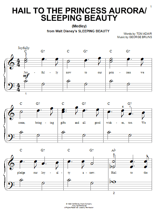 Preview Tom Adair Hail To The Princess Aurora (from Sleeping Beauty) Film and TV sheet music, notes and chords for Piano (Big Notes), SKU: 21471 sheet music, piano notes, chords, guitar tabs, score, transpose, transcribe, how to play, guide, download, learn, tutorial, progression, song, artist, awards, billboard, mtv, vh1, tour, single, album, release