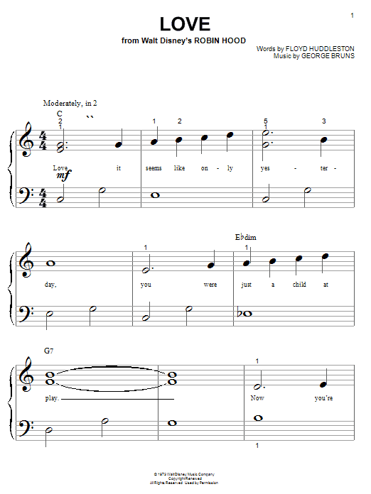Preview Floyd Huddleston Love (from Walt Disney's Robin Hood) Film and TV sheet music, notes and chords for Piano (Big Notes), SKU: 21474 sheet music, piano notes, chords, guitar tabs, score, transpose, transcribe, how to play, guide, download, learn, tutorial, progression, song, artist, awards, billboard, mtv, vh1, tour, single, album, release
