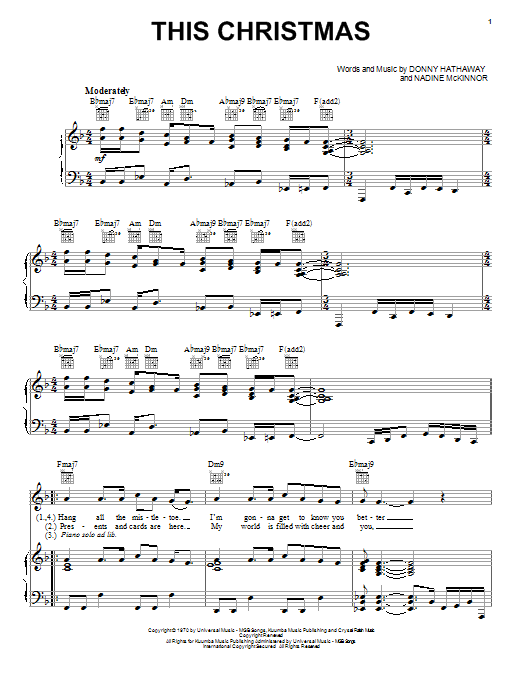 Preview Donny Hathaway This Christmas Pop sheet music, notes and chords for Piano, Vocal & Guitar (Right-Hand Melody), SKU: 21476 sheet music, piano notes, chords, guitar tabs, score, transpose, transcribe, how to play, guide, download, learn, tutorial, progression, song, artist, awards, billboard, mtv, vh1, tour, single, album, release