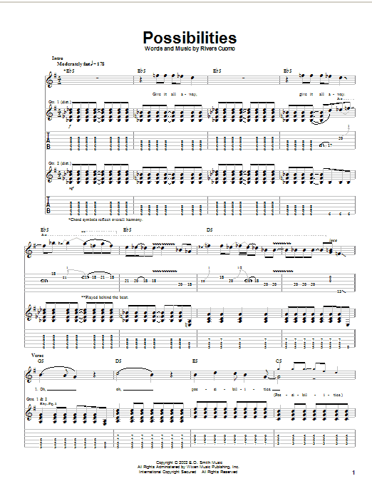 Preview Weezer Possibilities Rock sheet music, notes and chords for Guitar Tab, SKU: 21486 sheet music, piano notes, chords, guitar tabs, score, transpose, transcribe, how to play, guide, download, learn, tutorial, progression, song, artist, awards, billboard, mtv, vh1, tour, single, album, release