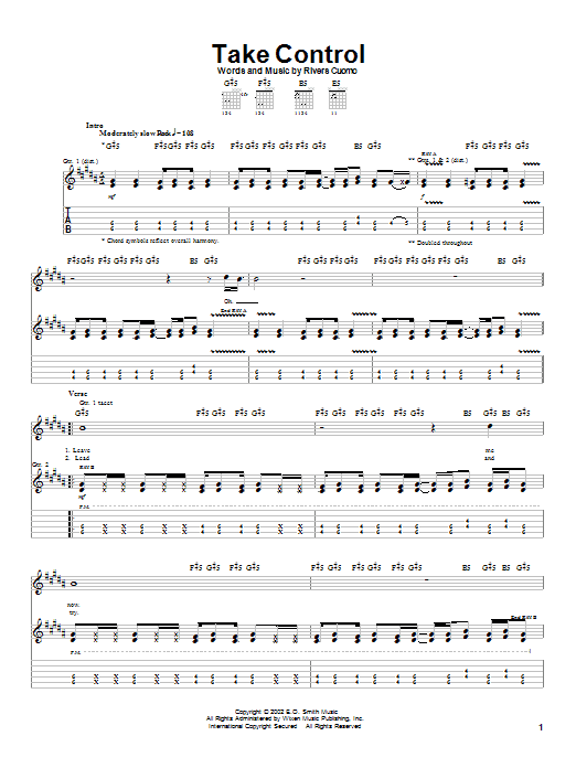 Preview Weezer Take Control Rock sheet music, notes and chords for Guitar Tab, SKU: 21490 sheet music, piano notes, chords, guitar tabs, score, transpose, transcribe, how to play, guide, download, learn, tutorial, progression, song, artist, awards, billboard, mtv, vh1, tour, single, album, release