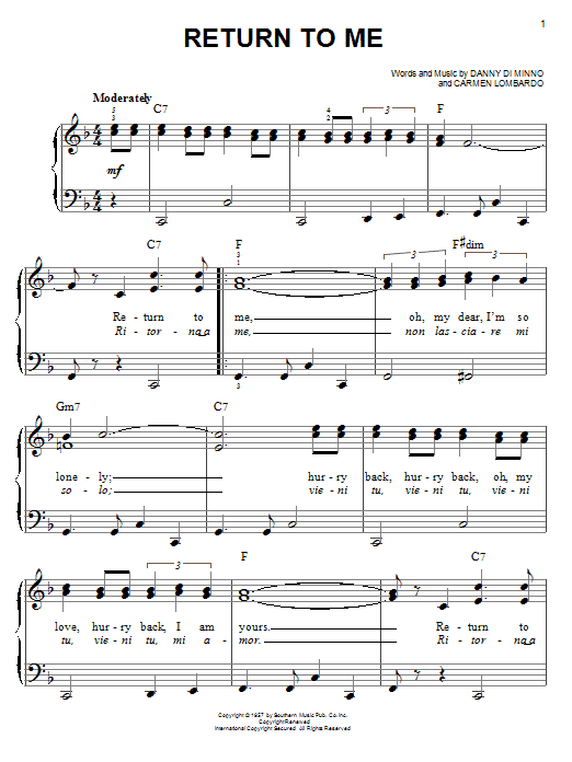 Preview Dean Martin Return To Me Pop sheet music, notes and chords for Easy Piano, SKU: 21507 sheet music, piano notes, chords, guitar tabs, score, transpose, transcribe, how to play, guide, download, learn, tutorial, progression, song, artist, awards, billboard, mtv, vh1, tour, single, album, release