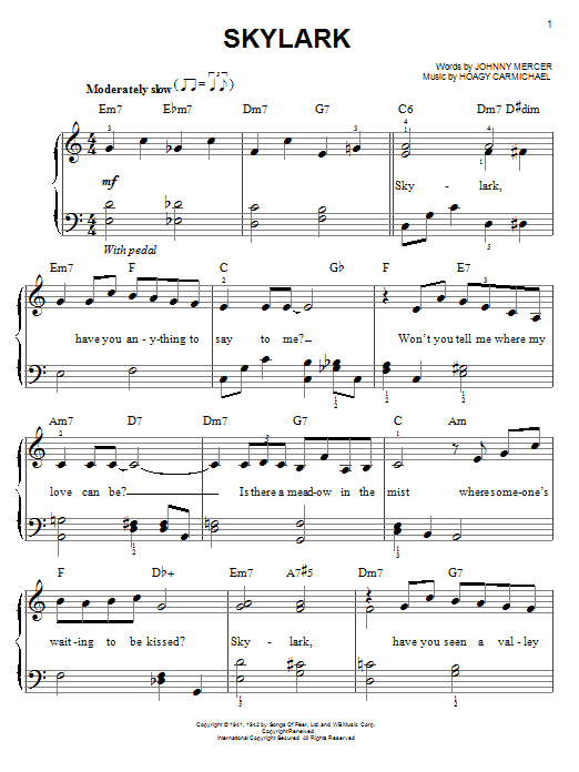 Preview Johnny Mercer Skylark Jazz sheet music, notes and chords for Easy Piano, SKU: 21509 sheet music, piano notes, chords, guitar tabs, score, transpose, transcribe, how to play, guide, download, learn, tutorial, progression, song, artist, awards, billboard, mtv, vh1, tour, single, album, release