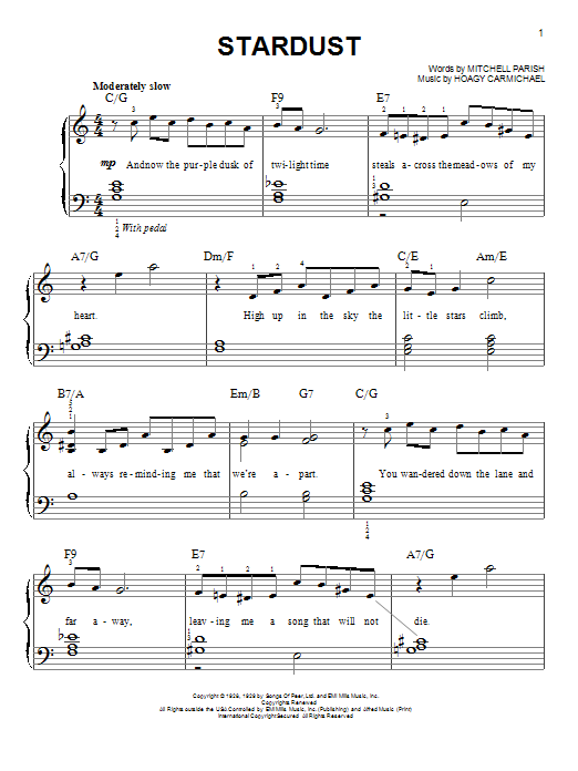 Preview Hoagy Carmichael Stardust Jazz sheet music, notes and chords for Easy Piano, SKU: 21510 sheet music, piano notes, chords, guitar tabs, score, transpose, transcribe, how to play, guide, download, learn, tutorial, progression, song, artist, awards, billboard, mtv, vh1, tour, single, album, release